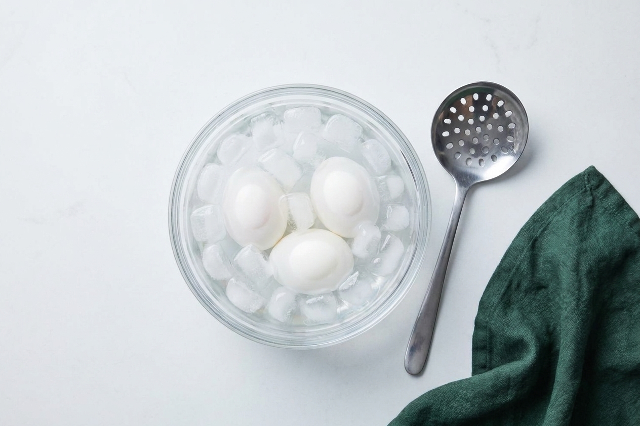 A small bowl with soft-boiled eggs cooling in an ice bath on a kitchen counter next to a slotted spoon