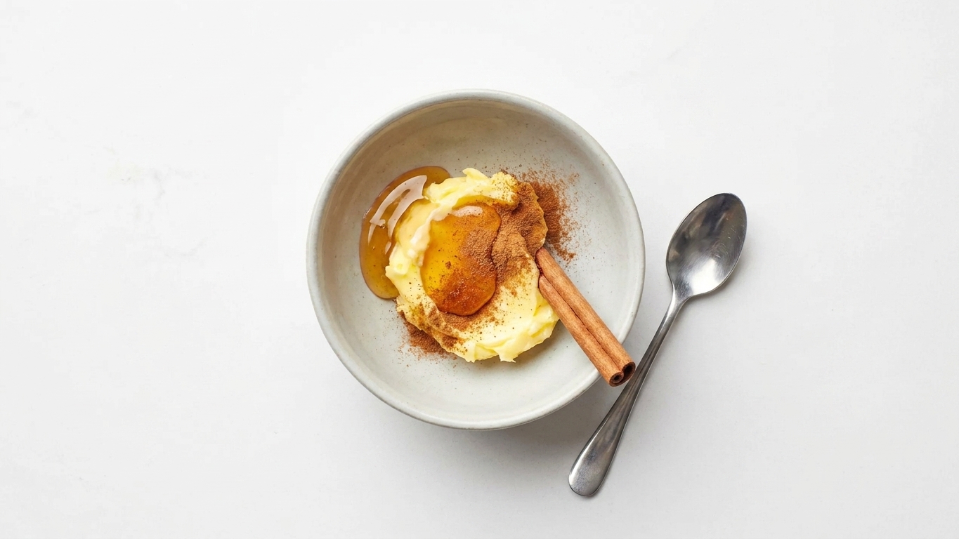 A small bowl with softened butter, honey, and cinnamon on a countertop next to a spoon, ready to be mixed