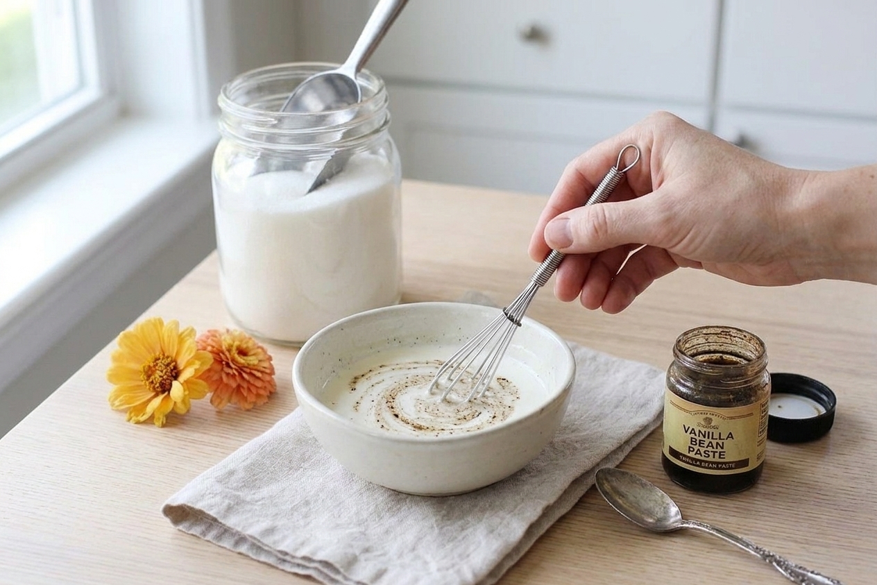 A small bowl with vanilla bean paste being whisked into cream with sugar on a kitchen counter