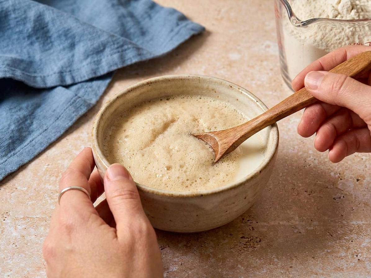 A small bowl with warm milk, yeast, and sugar turning foamy