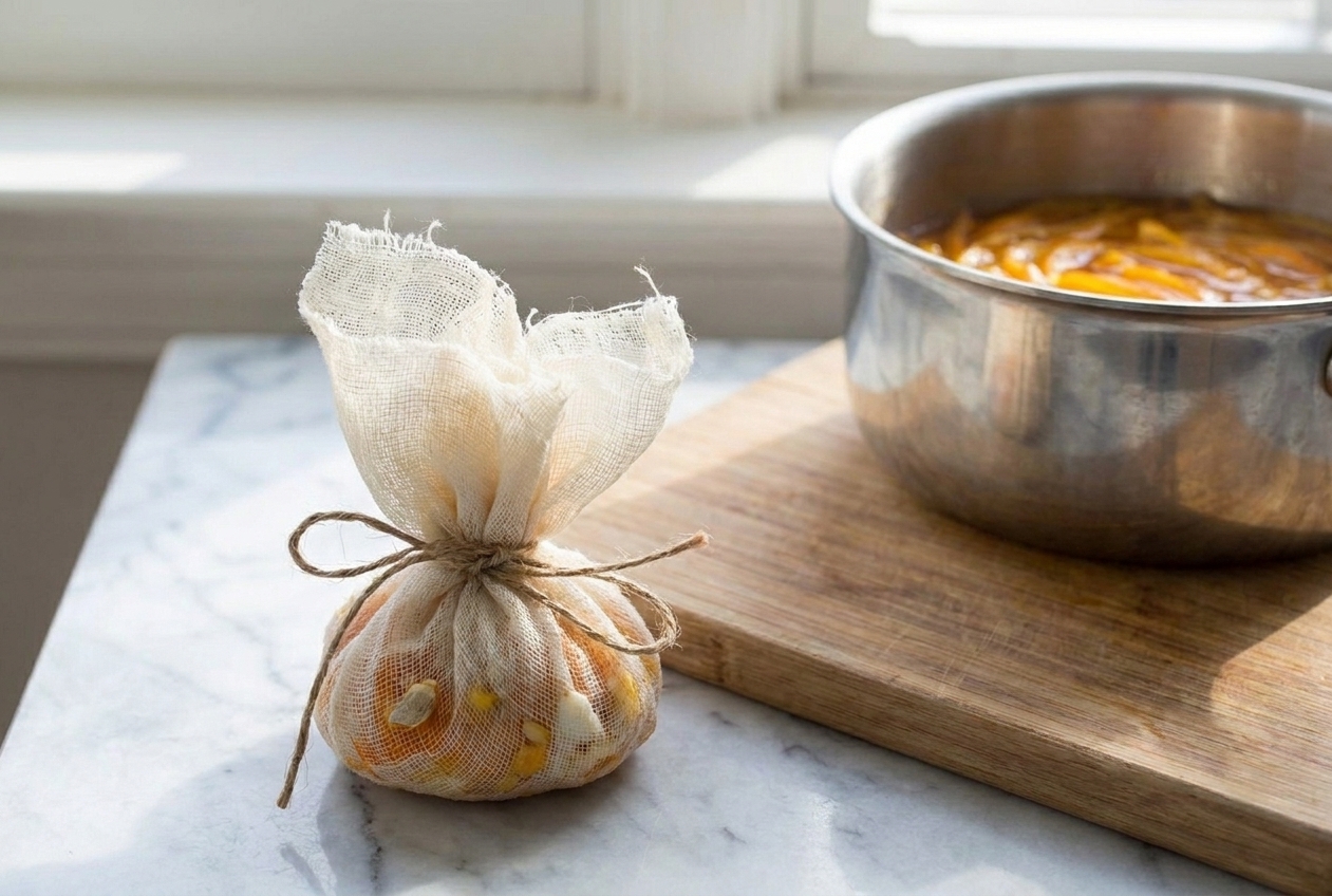 A small bundle of citrus seeds and pith tied in cheesecloth with kitchen twine, ready to be used as a pectin bag