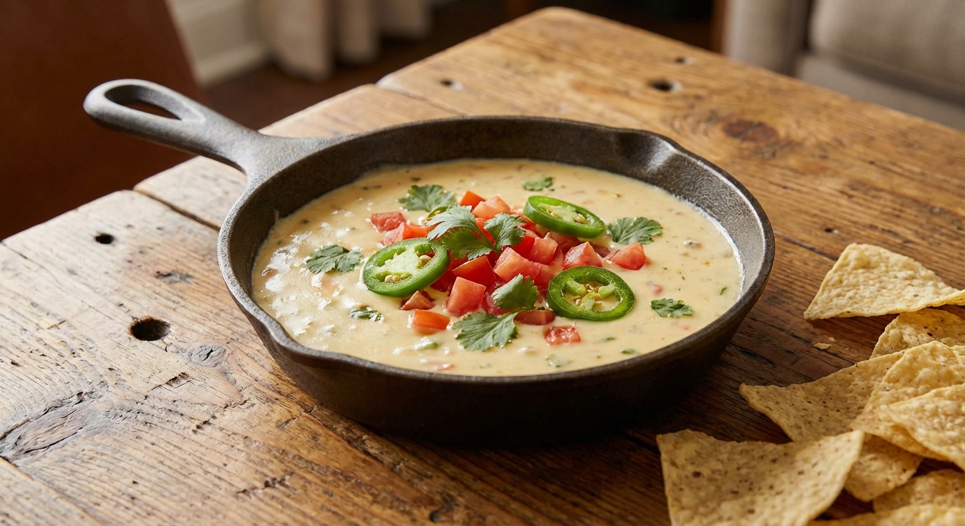 A small cast iron skillet filled with creamy queso dip topped with diced tomatoes, jalapeño slices, and cilantro on a wooden table