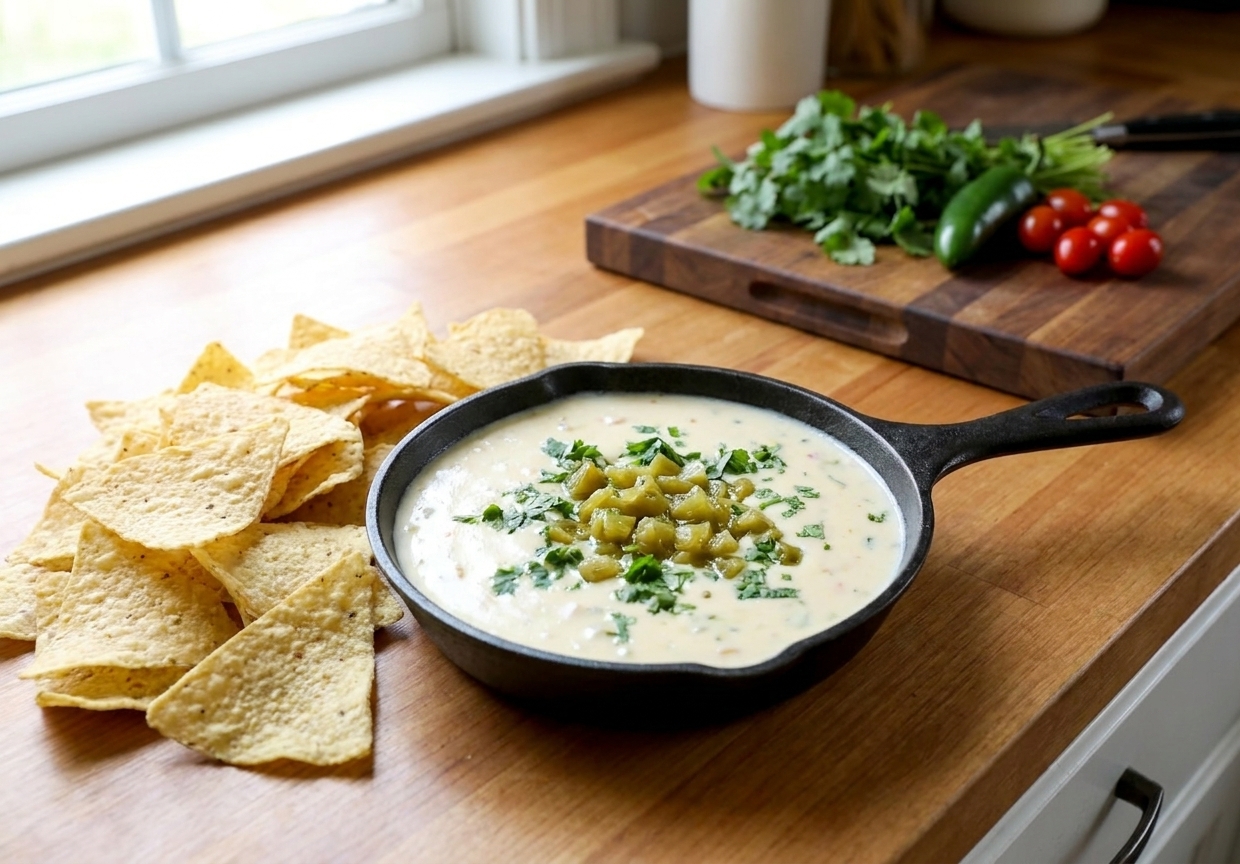A small cast iron skillet filled with creamy white queso dip topped with diced green chiles and cilantro on a warm kitchen counter with tortilla chips nearby, natural window light