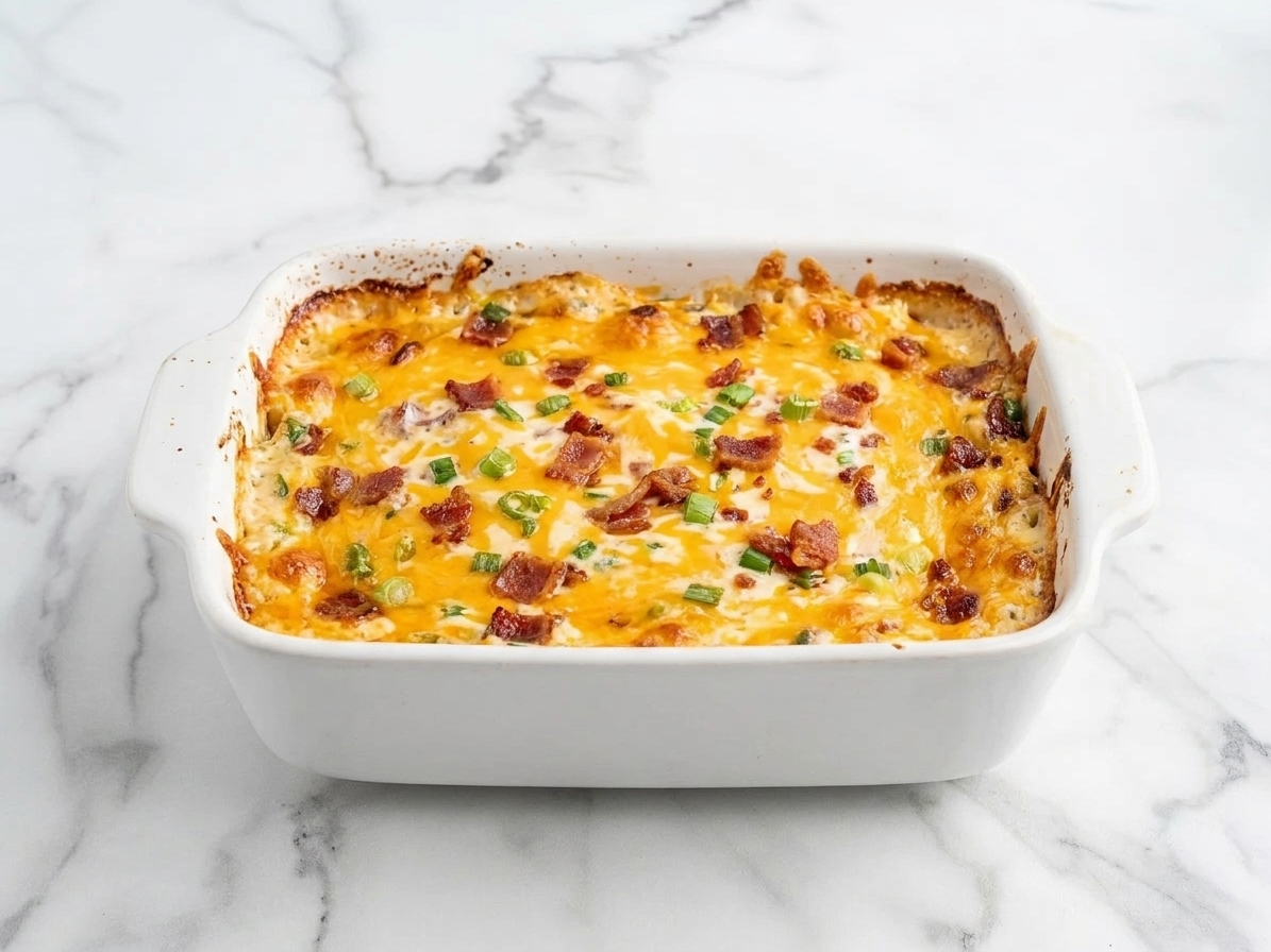 A small ceramic baking dish filled with hot baked bacon cheddar ranch dip, bubbling around the edges on a kitchen counter
