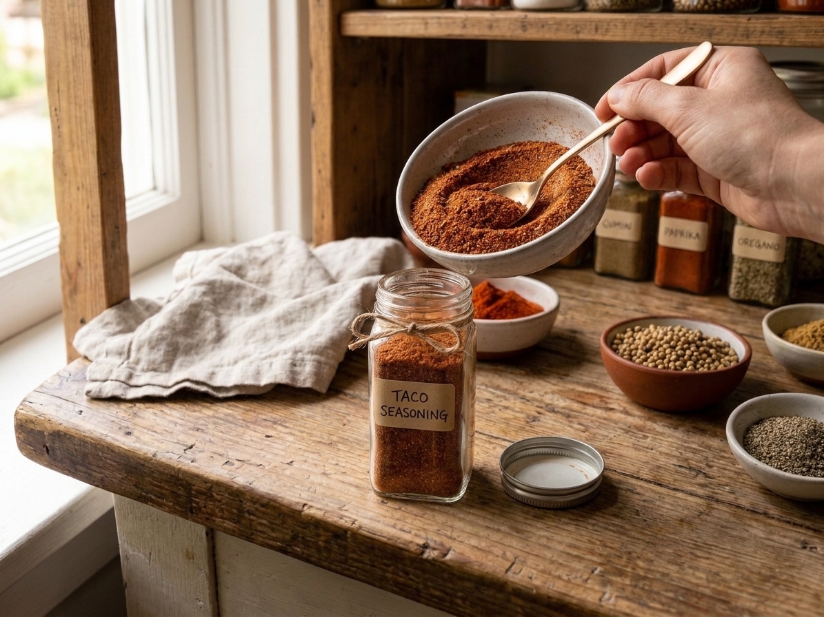 A small ceramic bowl filled with a reddish spice blend ready to be poured into a jar
