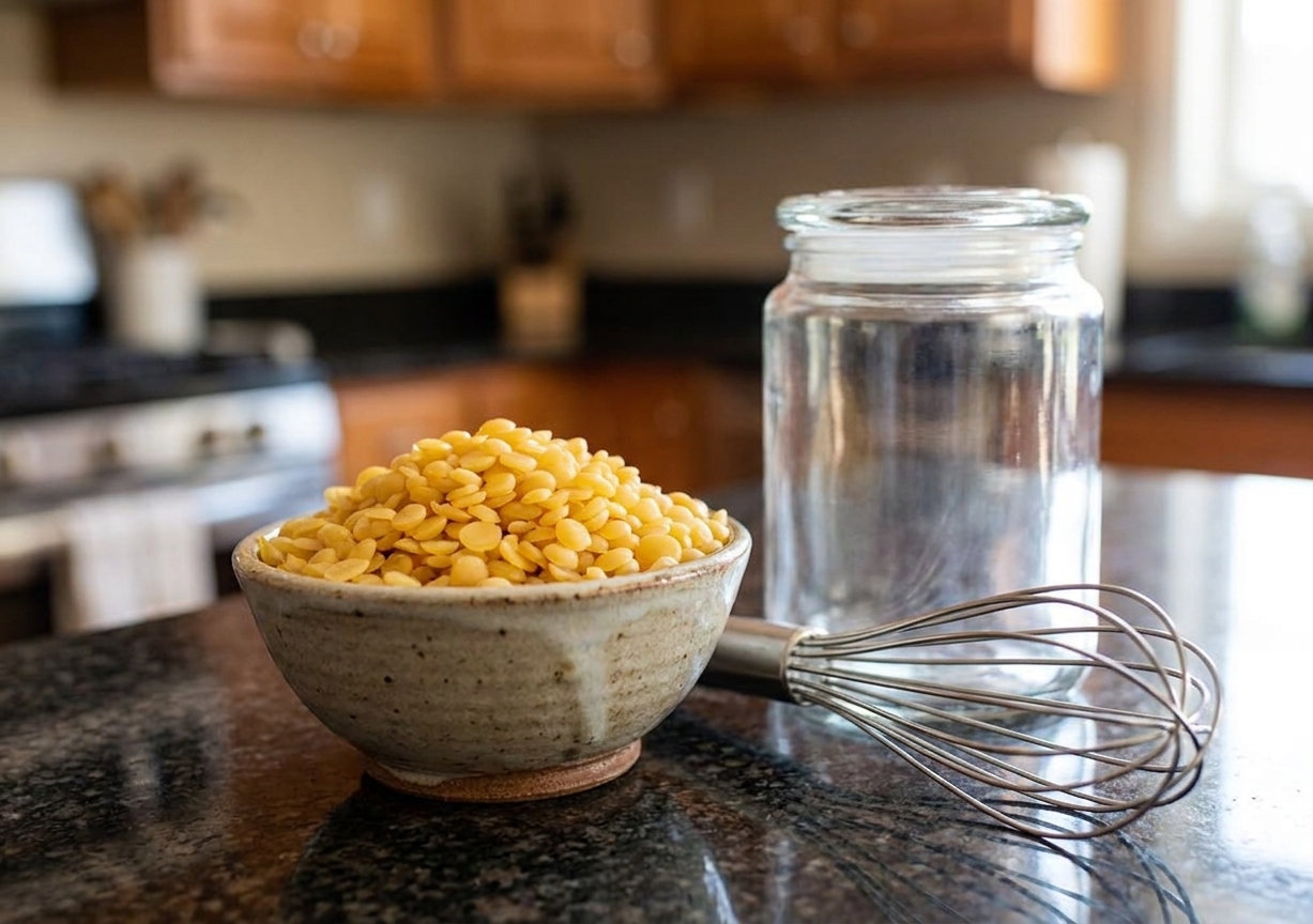 A small ceramic bowl filled with beeswax pellets on a kitchen counter next to a whisk and a clean glass jar
