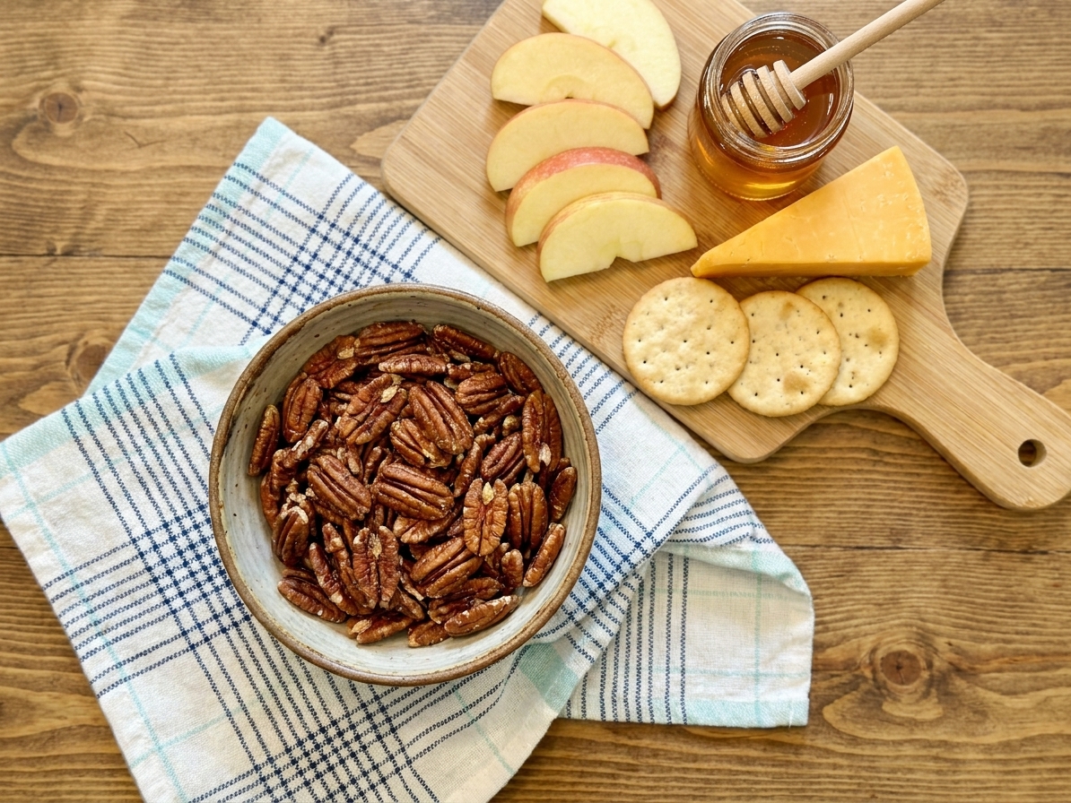 A small ceramic bowl filled with cooled roasted pecans on a wooden table next to a simple snack setup