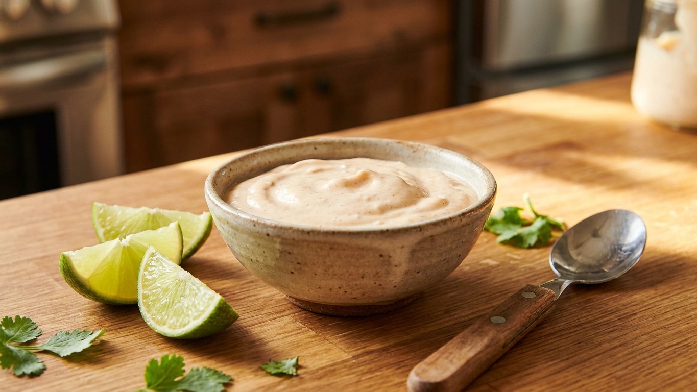A small ceramic bowl filled with creamy fish taco sauce on a kitchen counter, with lime wedges and a spoon nearby, warm natural light