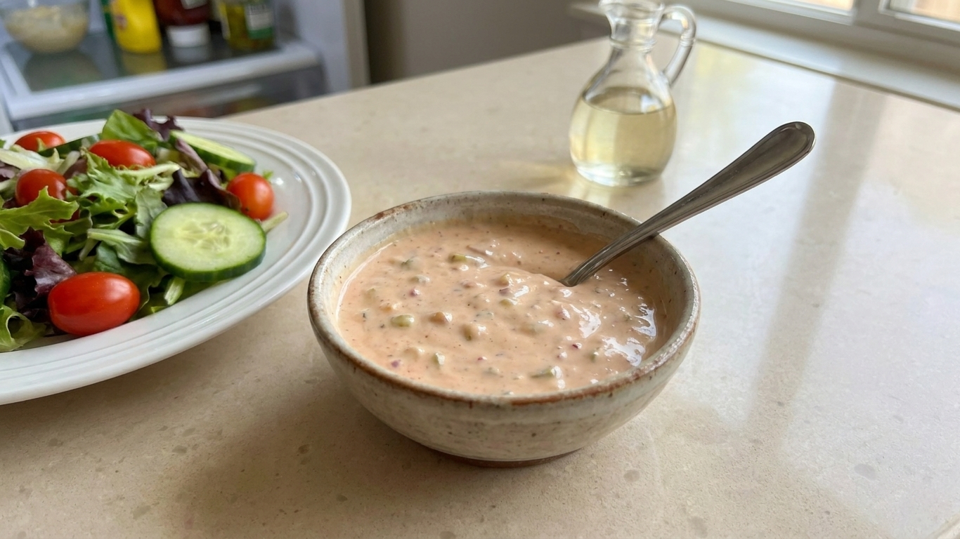 A small ceramic bowl filled with creamy pink Thousand Island dressing, with visible pickle bits, set on a light kitchen counter next to a salad plate