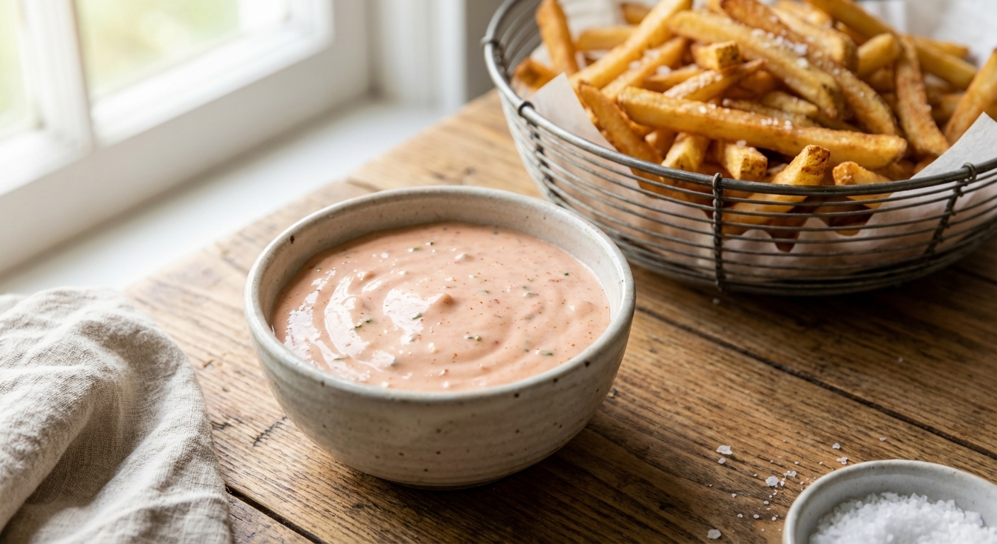 A small ceramic bowl filled with creamy pink fry sauce on a wooden kitchen counter, with a basket of golden French fries slightly out of focus in the background, natural window light, photorealistic food photography