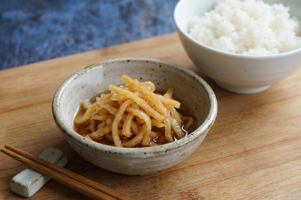 A small ceramic bowl filled with crisp pickled daikon matchsticks on a dinner table next to chopsticks and a simple rice bowl