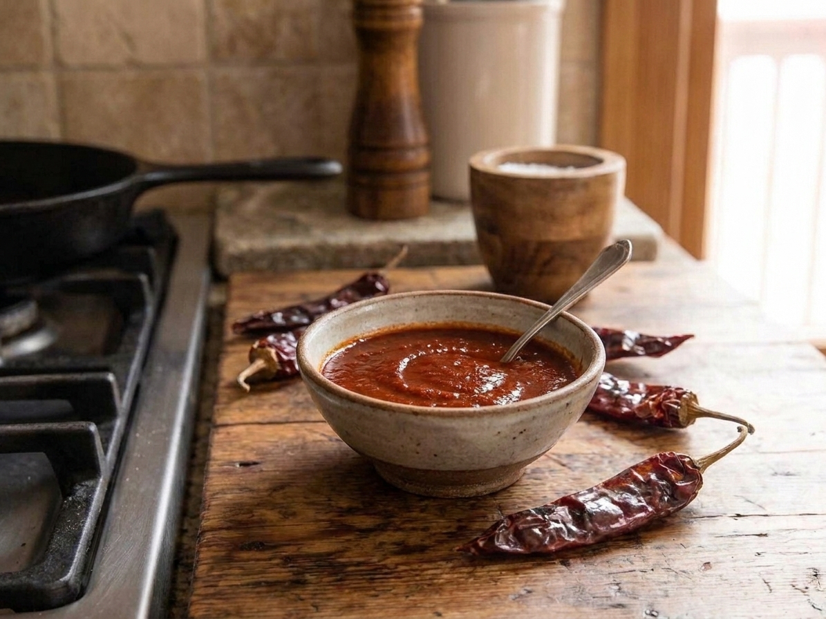 A small ceramic bowl filled with deep red adobo sauce on a wooden kitchen counter, with a spoon and a few dried chiles nearby