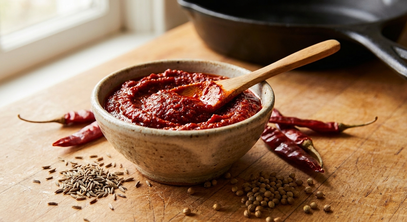 A small ceramic bowl filled with deep red harissa paste on a kitchen counter with a spoon and a few spices nearby in warm natural light