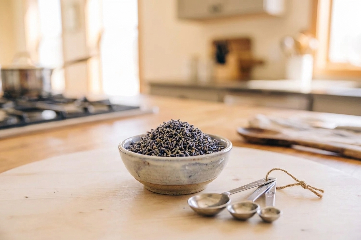 A small ceramic bowl filled with dried culinary lavender buds on a clean kitchen counter with measuring spoons nearby, bright natural light