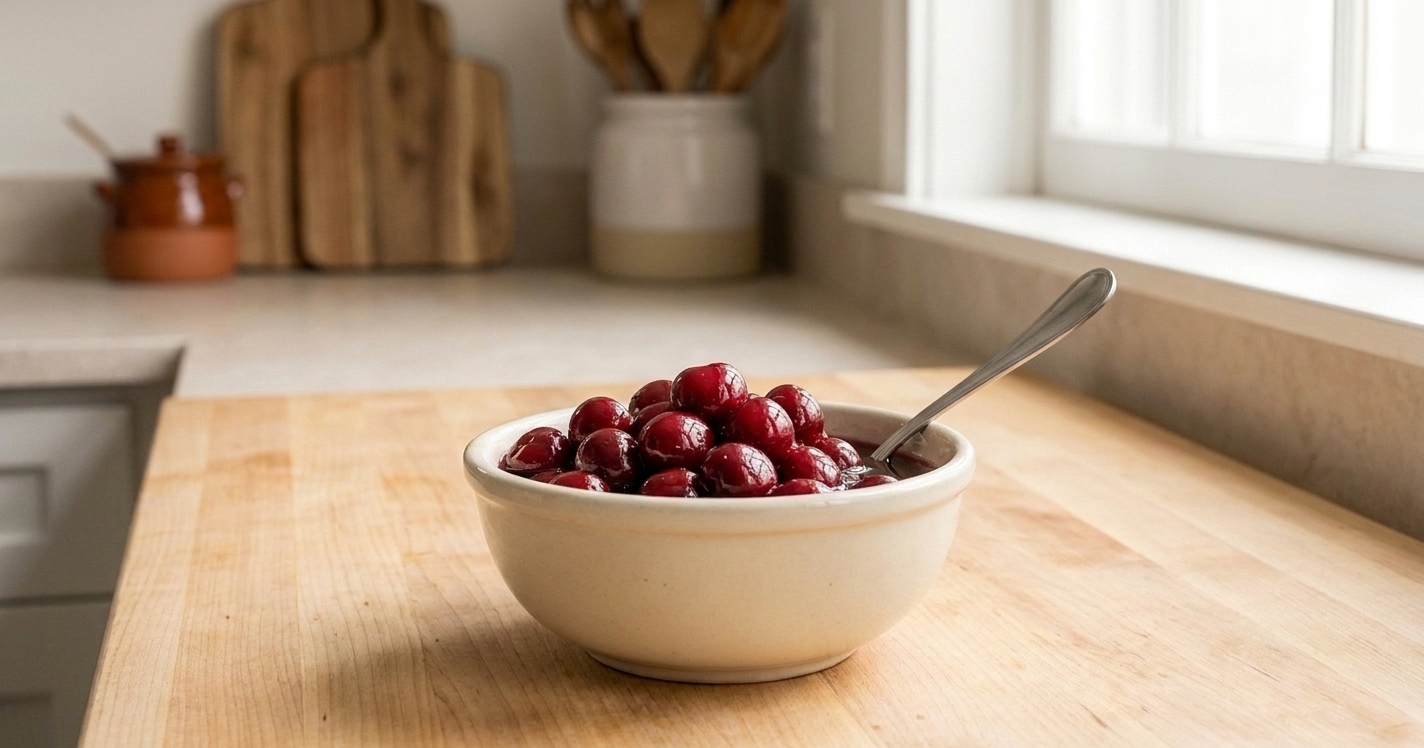 A small ceramic bowl filled with glossy boozy cherries on a wooden table beside a spoon, soft natural light