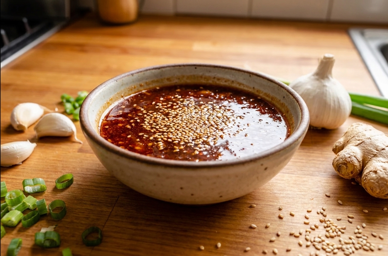 A small ceramic bowl filled with glossy bulgogi sauce topped with toasted sesame seeds on a warm-toned kitchen counter, with garlic, ginger, and scallions nearby