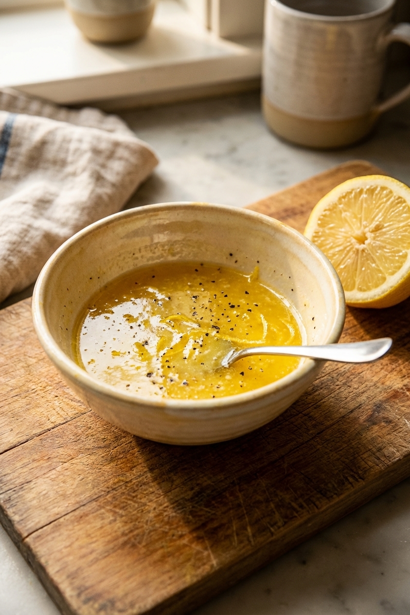 A small ceramic bowl filled with glossy lemon butter dipping sauce with visible black pepper flecks and lemon zest, placed on a wooden cutting board with a halved lemon nearby