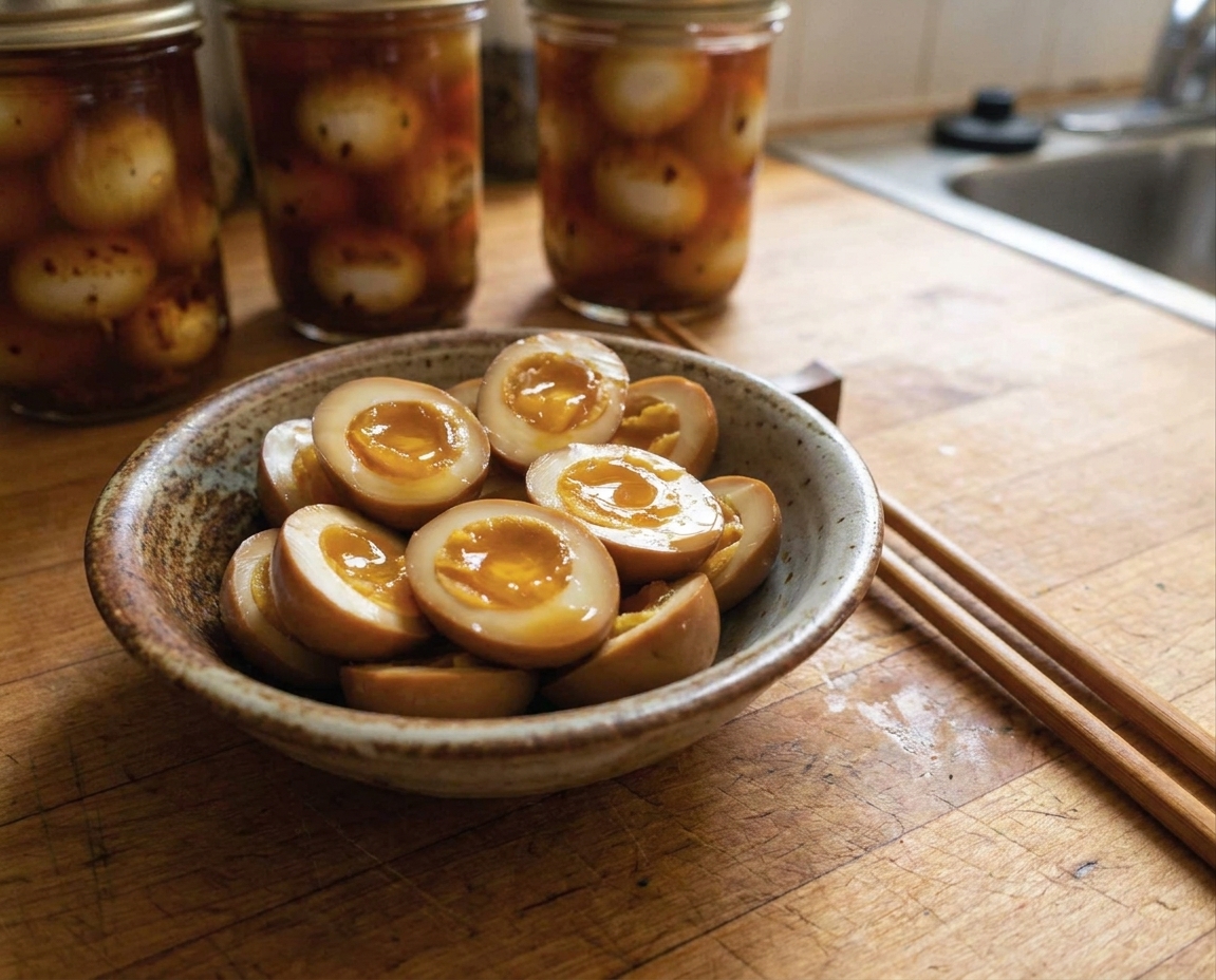 A small ceramic bowl filled with glossy soy-marinated quail eggs, sliced to show jammy yolks, on a wooden kitchen counter with chopsticks nearby