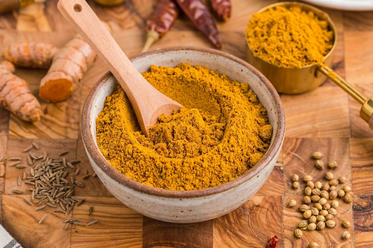 A small ceramic bowl filled with golden homemade curry powder on a warm-toned kitchen counter, with measuring spoons and whole spices nearby