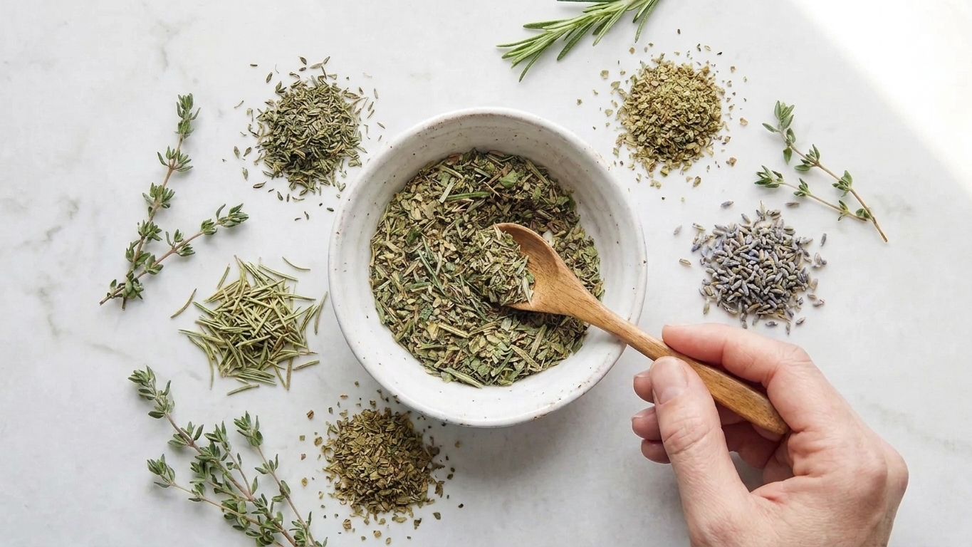 A small ceramic bowl filled with herbes de Provence on a light stone kitchen counter, with small piles of dried thyme, rosemary, oregano, and lavender nearby