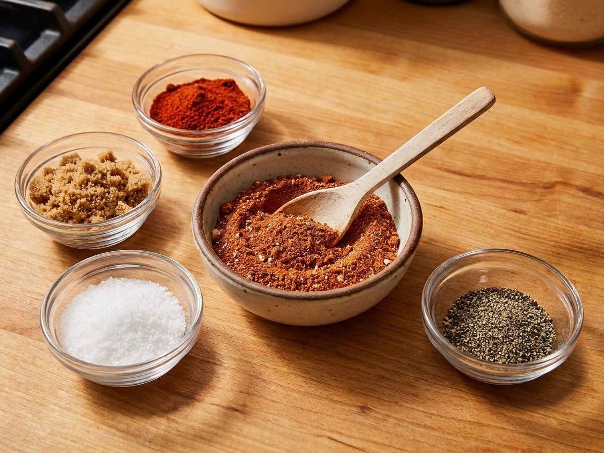 A small ceramic bowl filled with homemade BBQ dry rub on a wooden counter, surrounded by small ramekins of paprika, brown sugar, salt, and black pepper in warm kitchen lighting