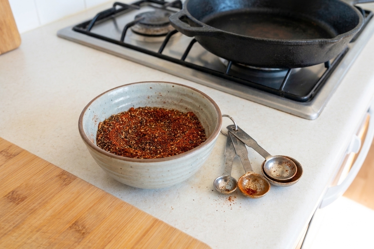 A small ceramic bowl filled with homemade blackened seasoning on a warm-toned kitchen counter with measuring spoons nearby