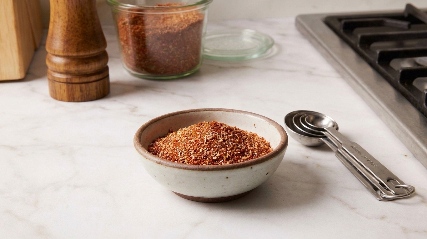 A small ceramic bowl filled with homemade hamburger seasoning on a warm kitchen counter with measuring spoons nearby