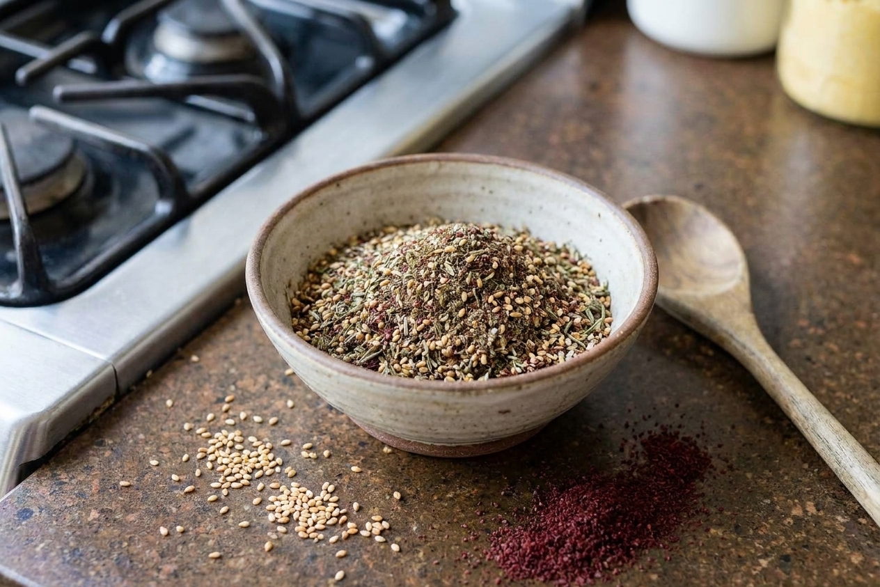 A small ceramic bowl filled with homemade za'atar seasoning on a warm-toned kitchen counter with sesame seeds and sumac nearby
