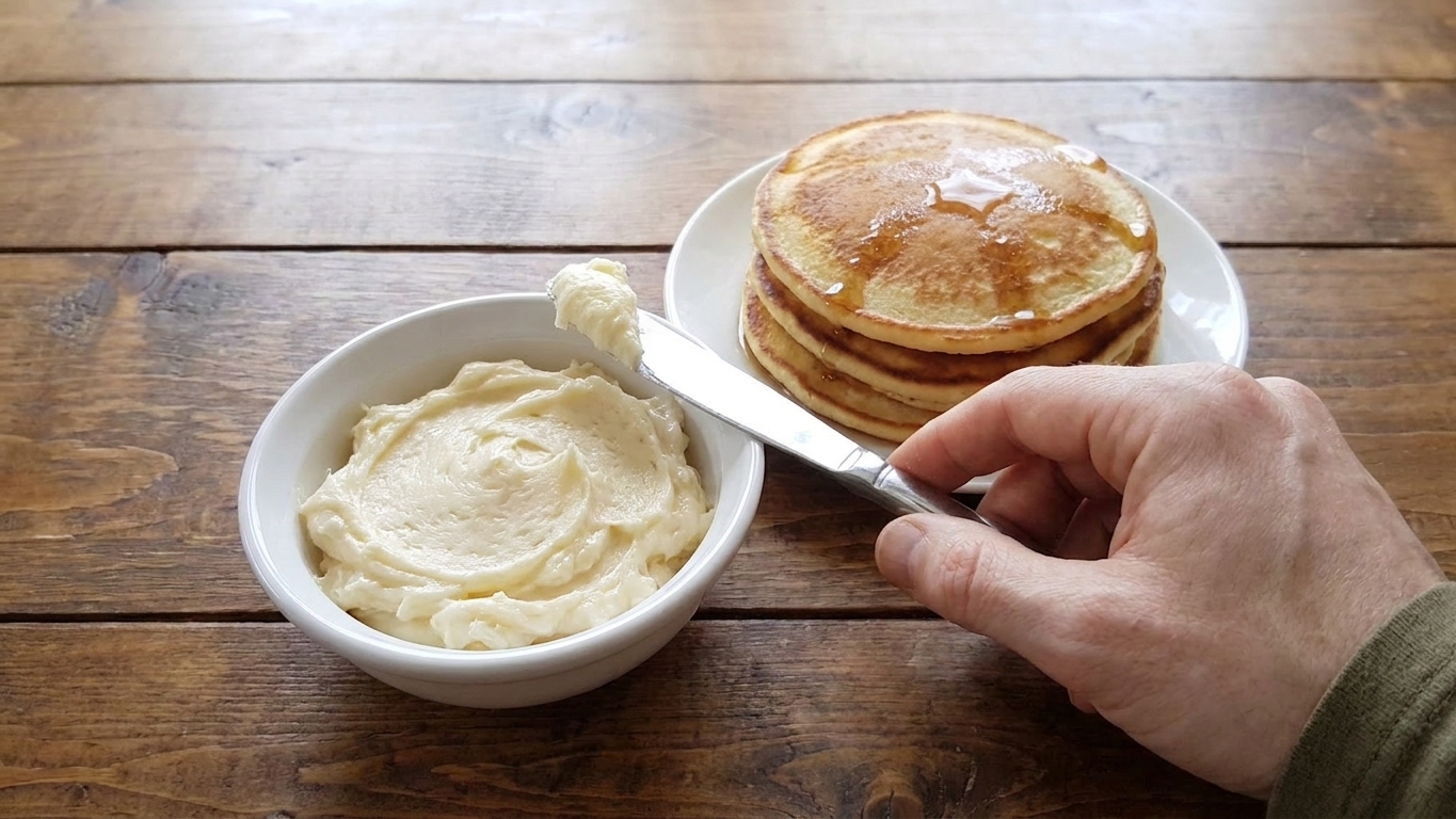 A small ceramic bowl filled with pale, fluffy whipped maple butter on a wooden table beside warm pancakes and a butter knife