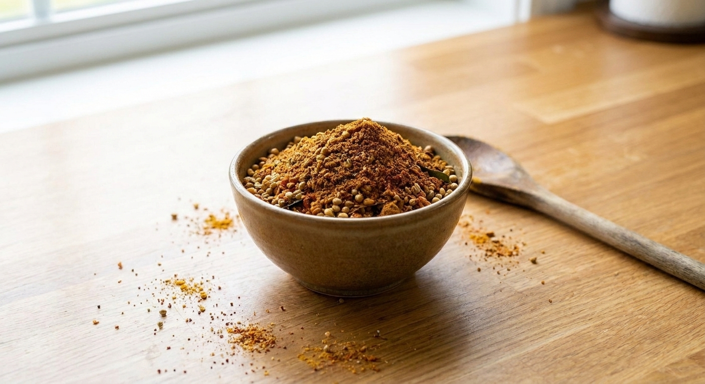 A small ceramic bowl filled with reddish-brown sambar spice blend on a wooden cutting board
