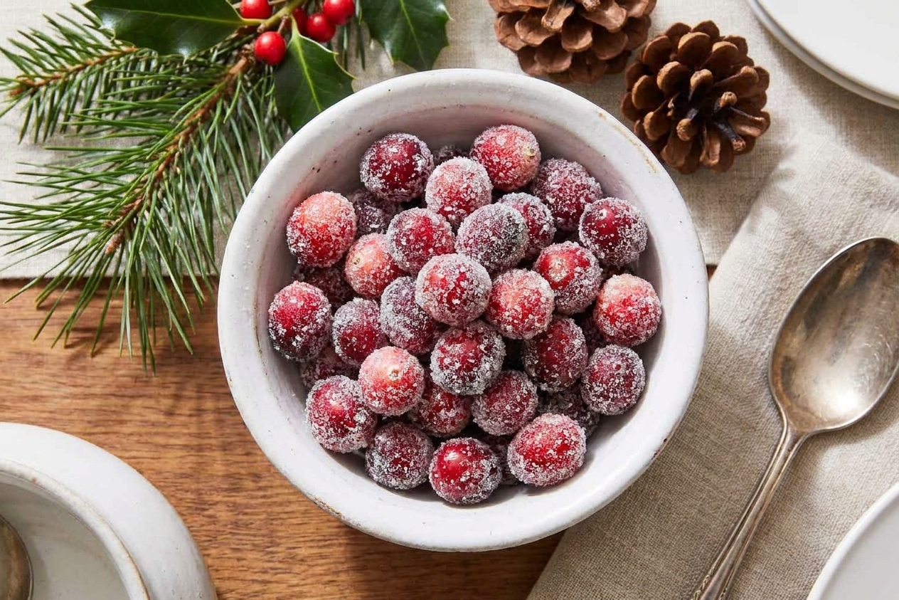 A small ceramic bowl filled with sparkling sugared cranberries on a simple holiday table setting with greenery in the background