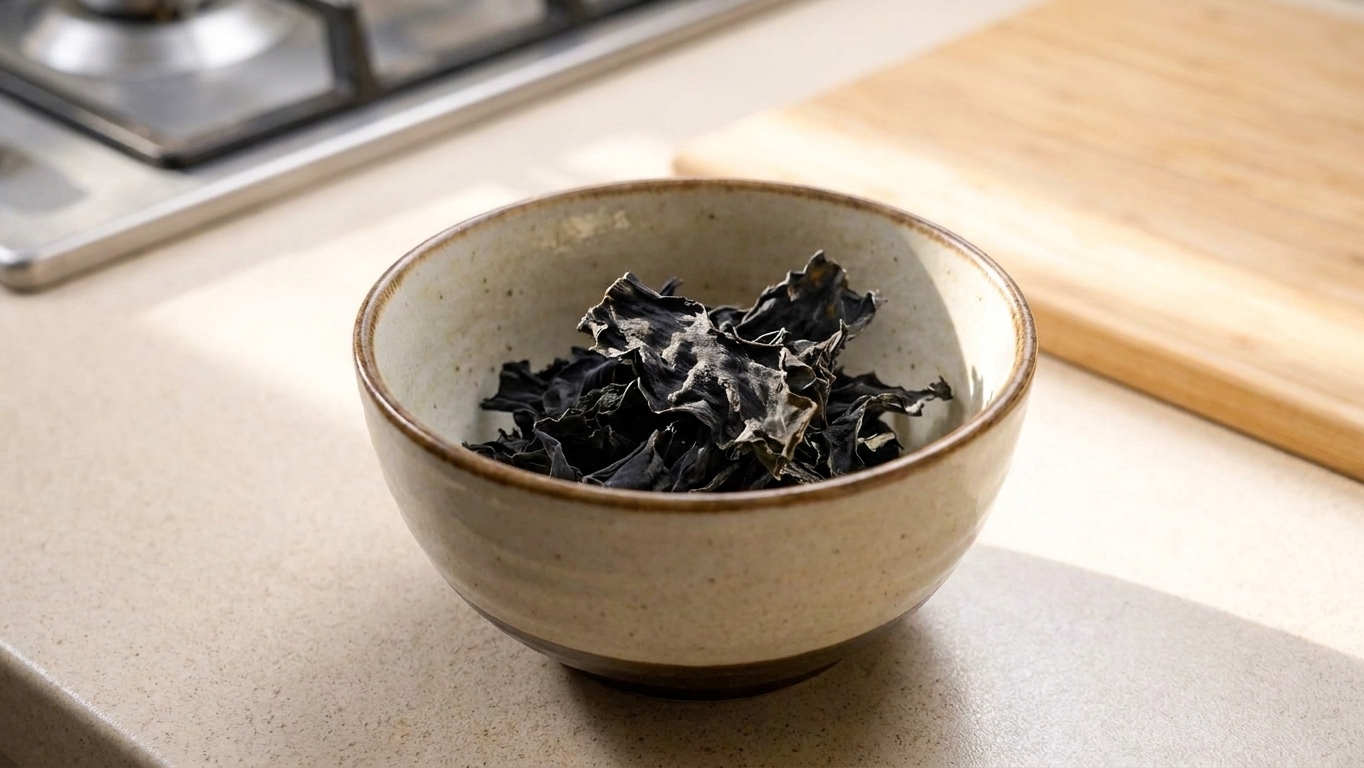 A small ceramic bowl holding dried wakame seaweed on a clean kitchen counter under warm natural light