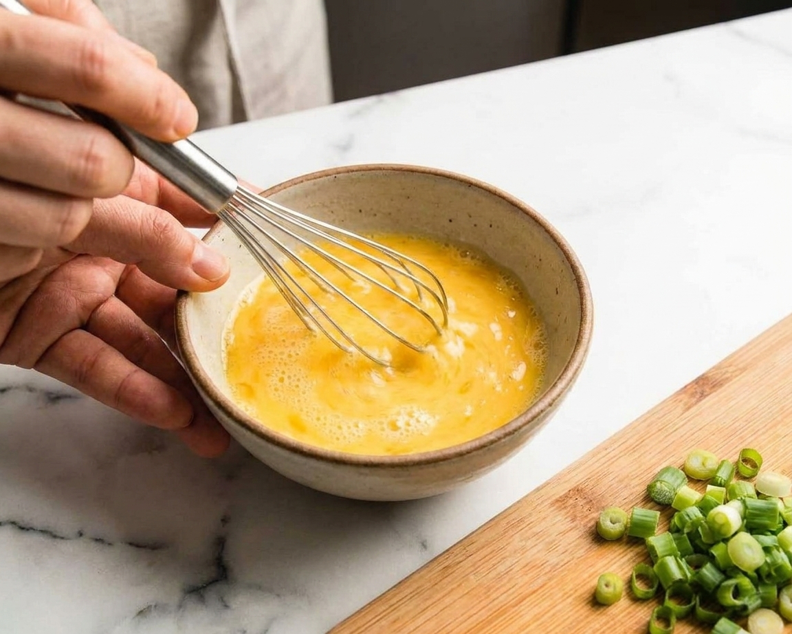 A small ceramic bowl of beaten eggs being whisked until uniform on a kitchen counter next to sliced scallions