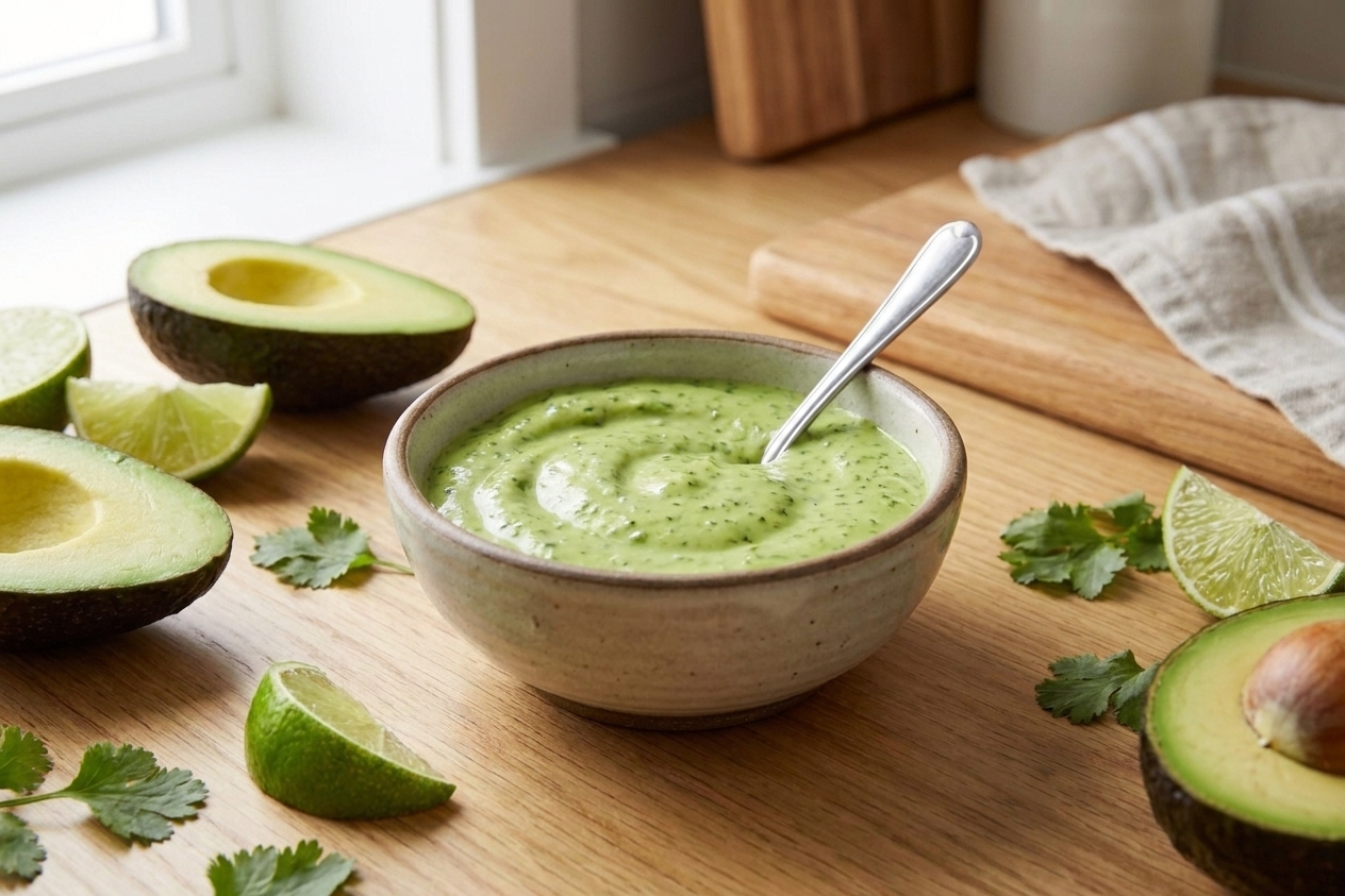 A small ceramic bowl of creamy avocado dressing with a spoon, surrounded by halved avocados and lime wedges on a warm kitchen counter