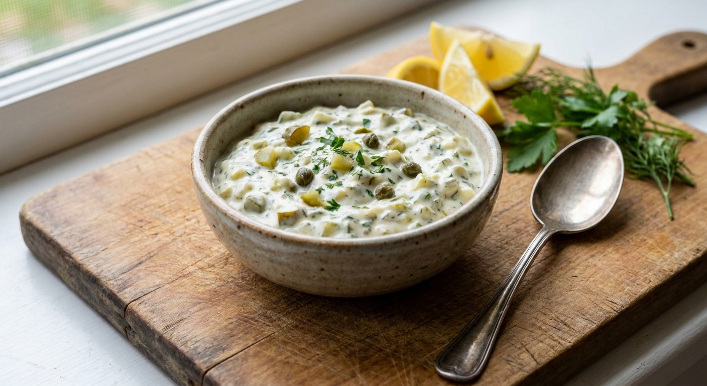 A small ceramic bowl of creamy homemade tartar sauce with visible chopped pickles and herbs, sitting on a wooden cutting board with lemon wedges and a spoon nearby, natural window light