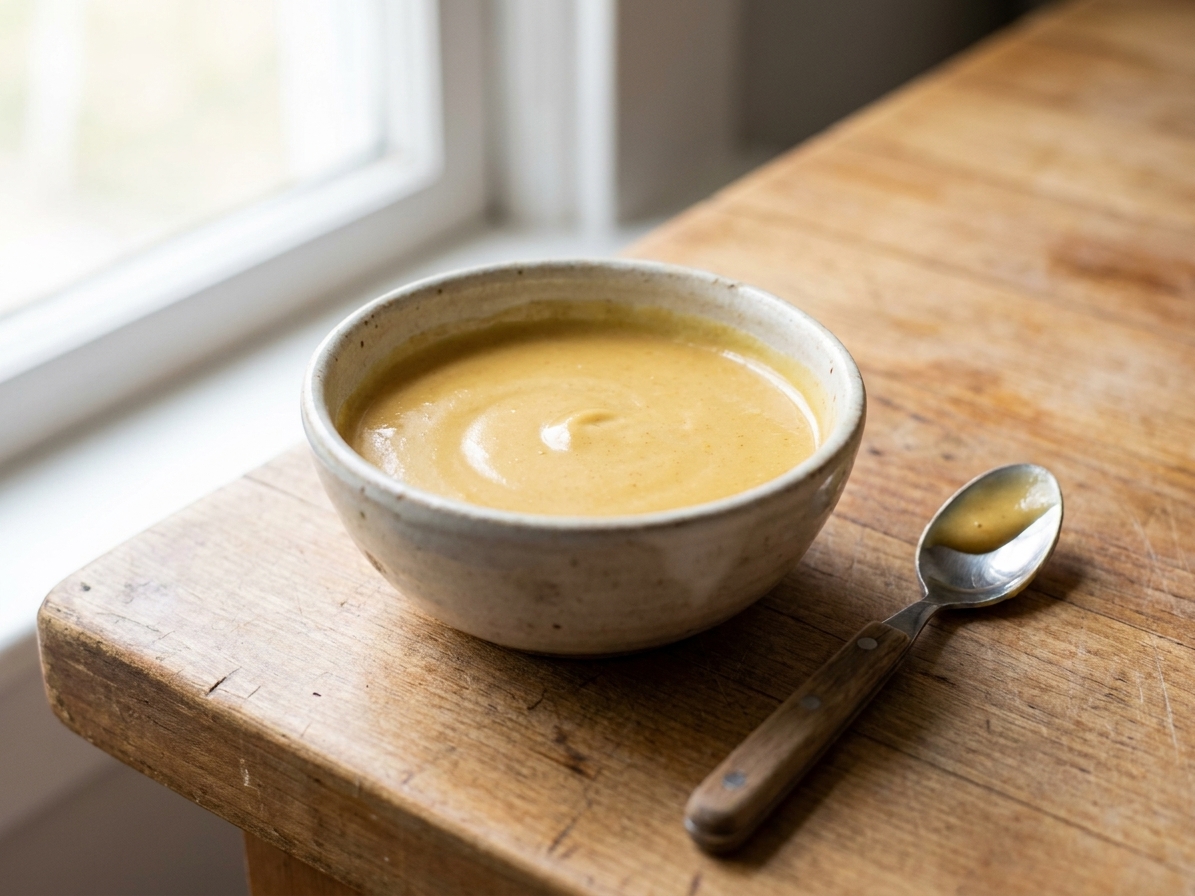 A small ceramic bowl of creamy honey mustard sauce on a wooden kitchen counter with a spoon beside it and soft natural window light
