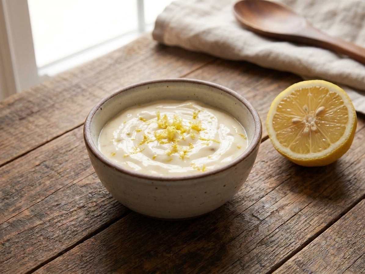 A small ceramic bowl of creamy lemon garlic aioli with visible lemon zest on top sitting on a wooden counter next to a halved lemon
