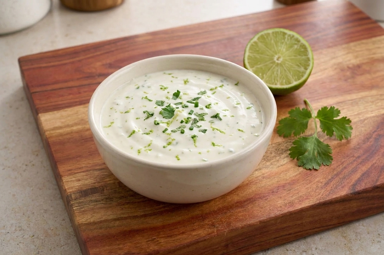 A small ceramic bowl of creamy lime-garlic yogurt sauce with visible lime zest and chopped herbs on a wooden countertop