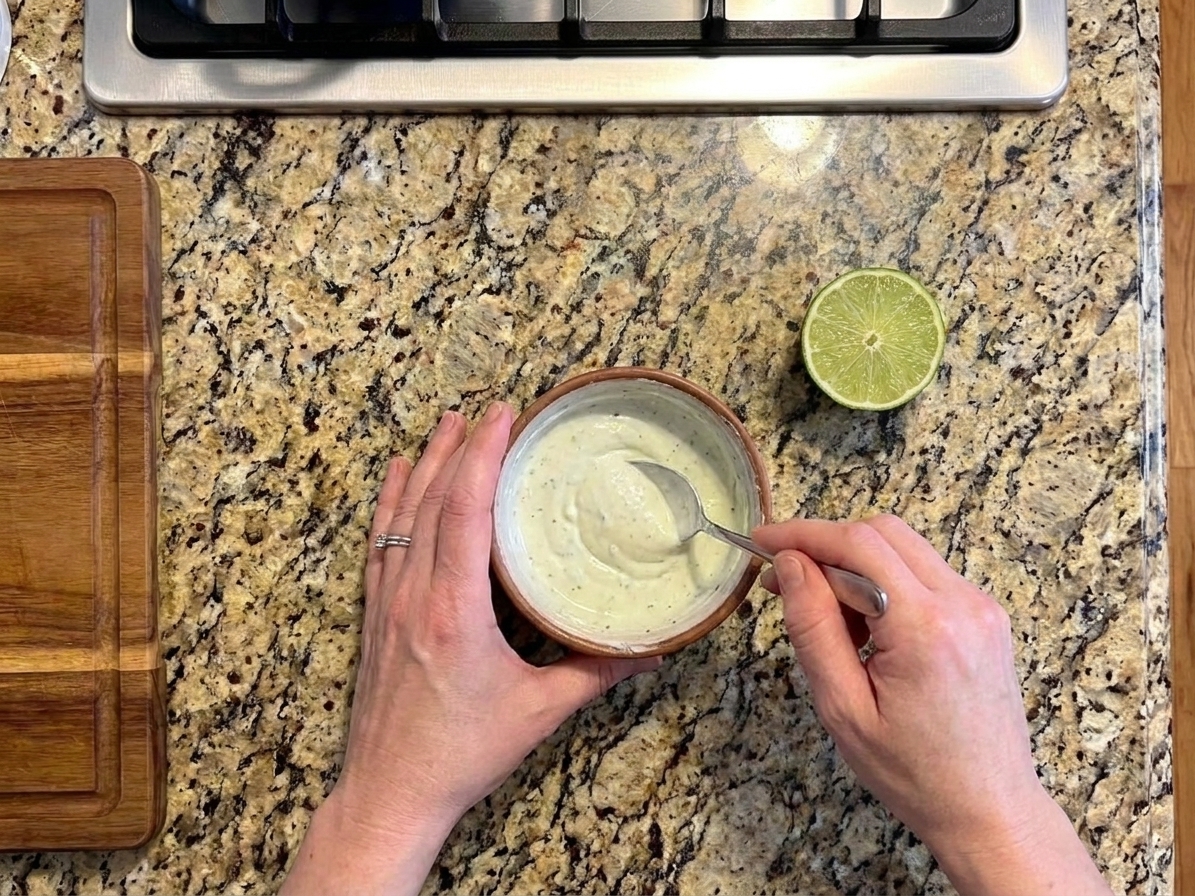 A small ceramic bowl of creamy lime yogurt sauce being stirred with a spoon on a wooden counter with a halved lime nearby