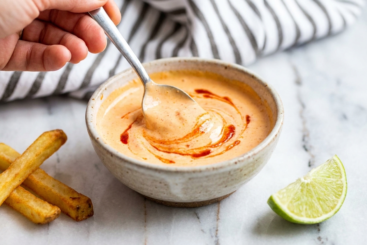 A small ceramic bowl of creamy sriracha mayo swirled with a spoon on a light kitchen counter, with a few fries and a lime wedge nearby