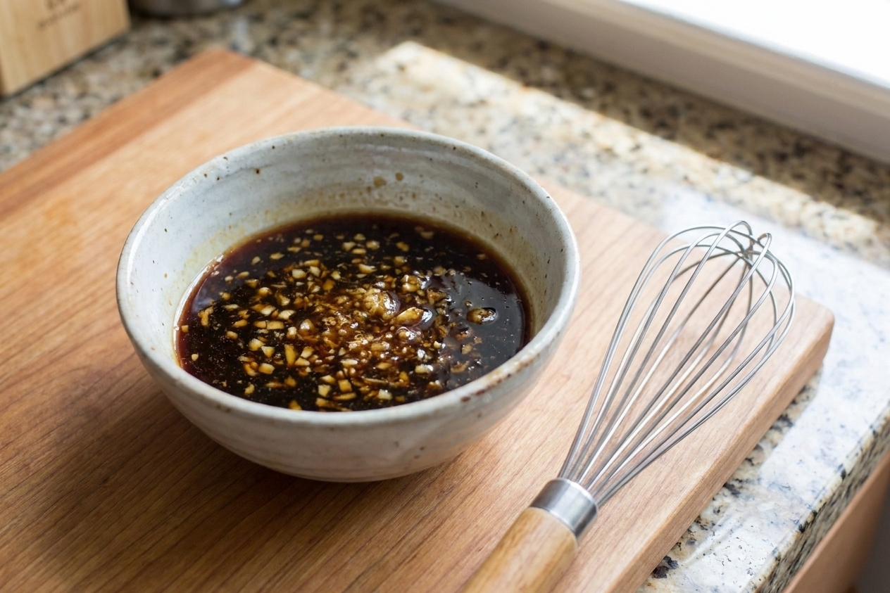 A small ceramic bowl of glossy homemade teriyaki marinade with visible minced garlic and grated ginger on a bright kitchen counter, with a whisk resting beside it
