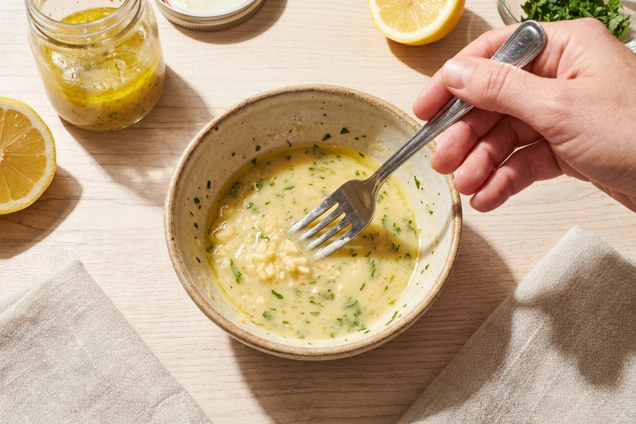 A small ceramic bowl of lemon garlic dressing being whisked with a fork on a clean kitchen counter