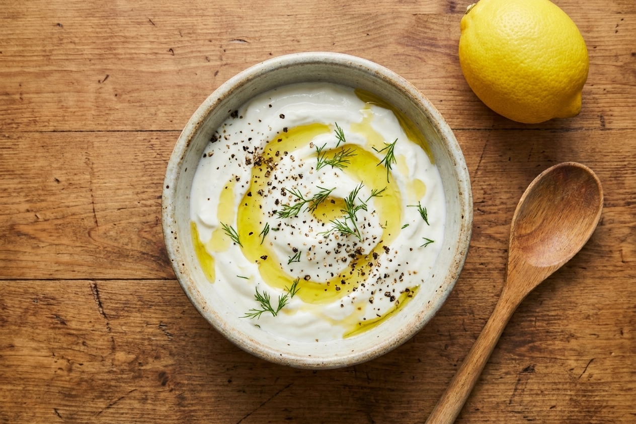 A small ceramic bowl of lemon garlic yogurt sauce with a drizzle of olive oil and cracked black pepper on a wooden table next to a lemon