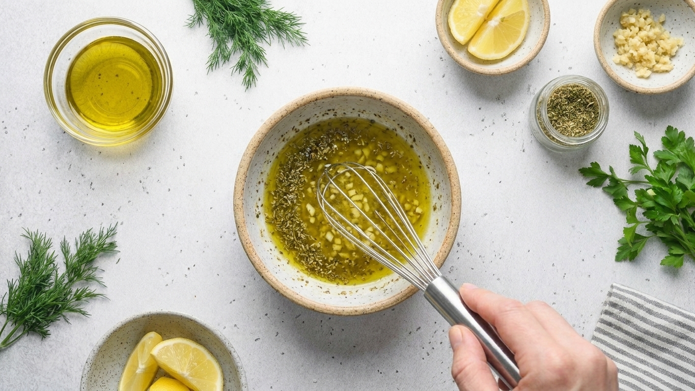A small ceramic bowl of lemon oregano dressing being whisked with olive oil, lemon juice, and minced garlic on a kitchen counter