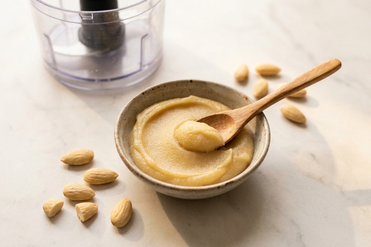 A small ceramic bowl of smooth homemade almond paste on a light stone counter with whole almonds and a wooden spoon nearby, warm natural kitchen light