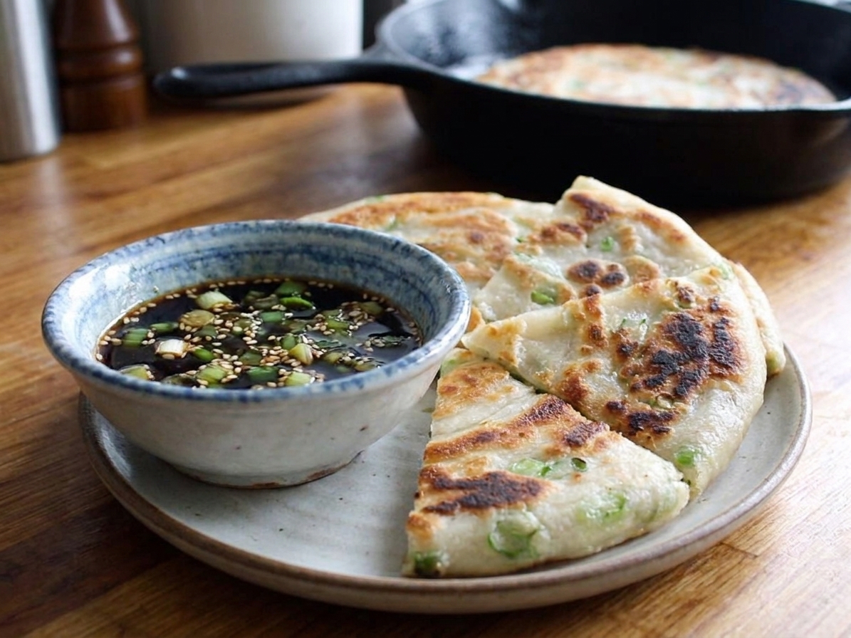 A small ceramic bowl of soy-vinegar dipping sauce on a table next to sliced scallion pancake wedges