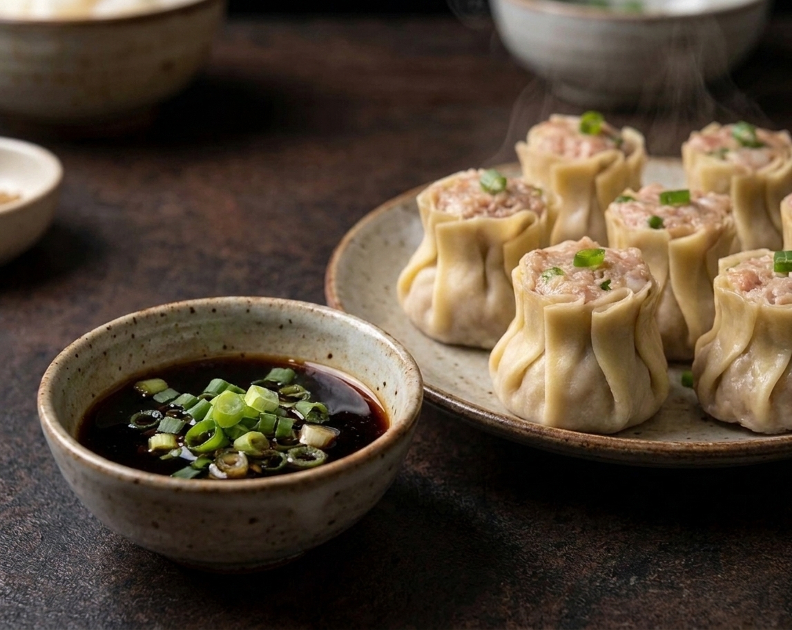 A small ceramic bowl of soy vinegar dipping sauce with sliced scallions on a wooden table next to a plate of steamed shumai