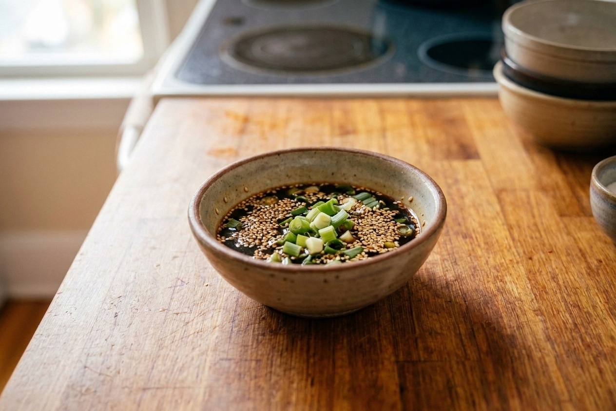 A small ceramic bowl of soy vinegar dipping sauce topped with sesame seeds and sliced green onions on a wooden table
