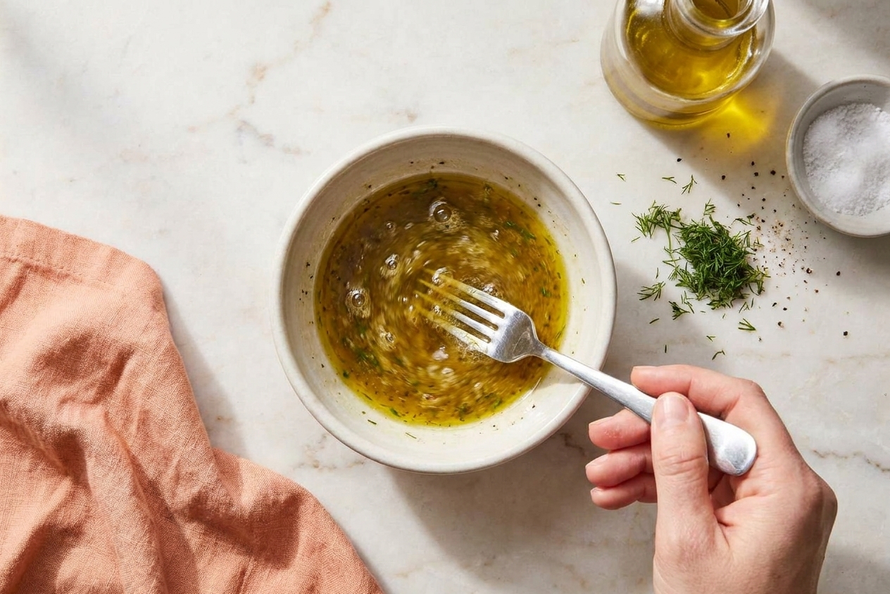 A small ceramic bowl of vinaigrette being whisked with a fork on a stone countertop