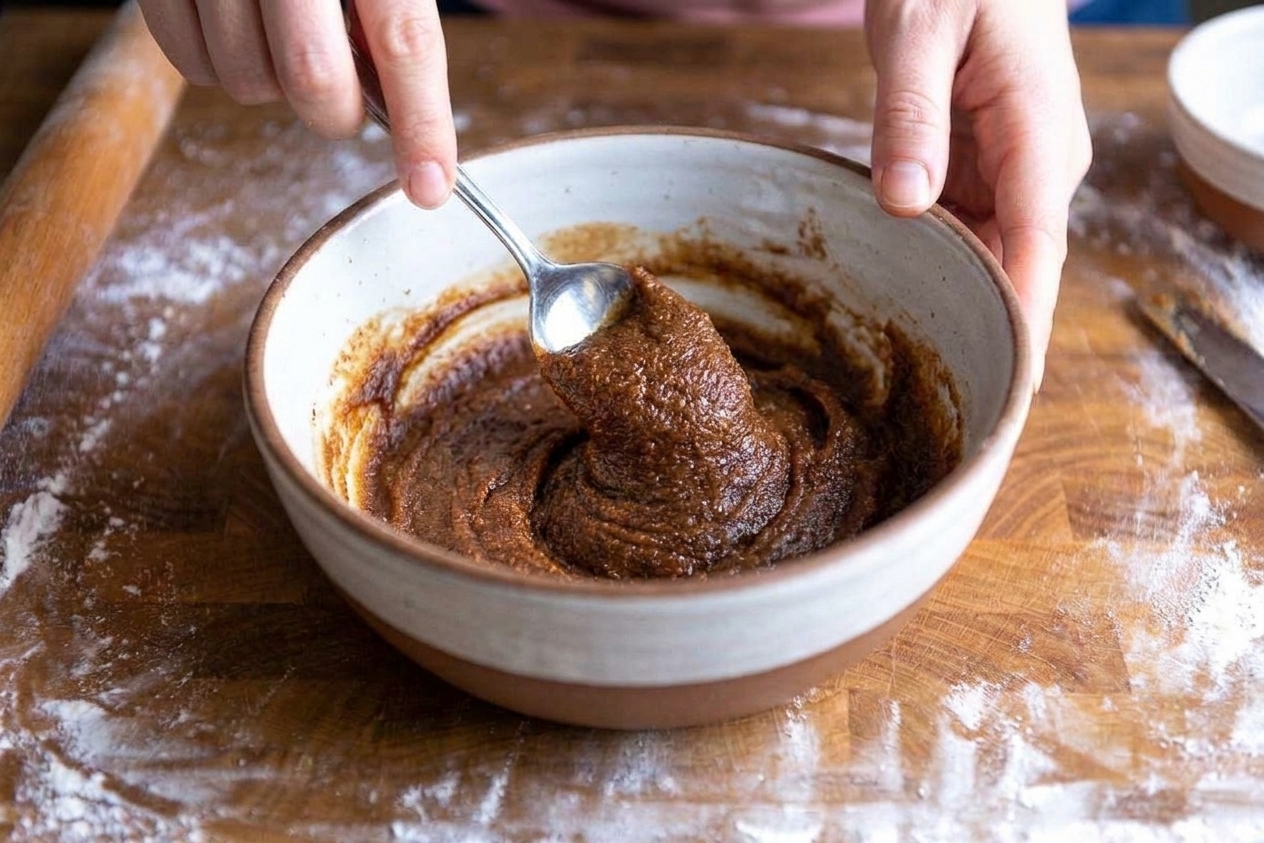 A small ceramic bowl on a kitchen counter filled with brown sugar, cinnamon, and softened butter being mixed with a spoon